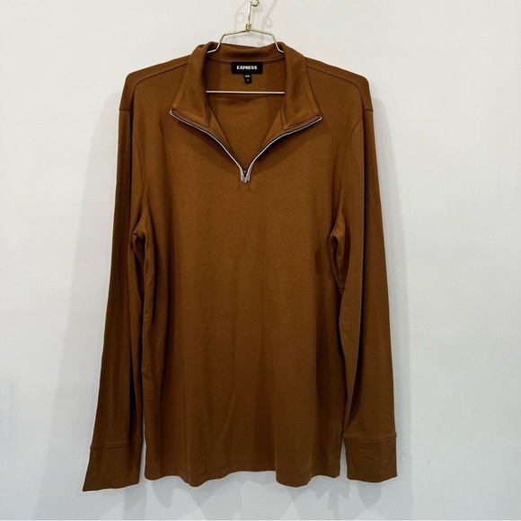 Express Fulton Tipped Quarter Zip Tee Brown Size Medium Long Sleeve - Picture 4 of 8